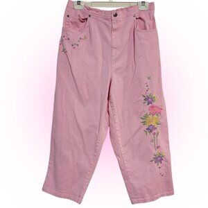 PRETTY PINK FLORAL EMBROIDERED CROPPED PANTS JEANS EUC L